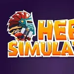 Barevný nápis Hero Simulator na fialovém pozadí s ilustrací bojovníka v helmici nalevo od textu