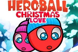 Červené kulaté postavičky s modrými a fialovými čepicemi a modrými očima na zimním pozadí s textem Hero Ball Christmas Love