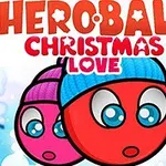 Červené kulaté postavičky s modrými a fialovými čepicemi a modrými očima na zimním pozadí s textem Hero Ball Christmas Love