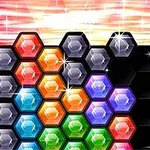 Barevné hexagonální bloky na barevném pozadí s rukou ukazující na jeden z bloků