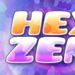 Barevný nápis HEX ZEN s abstraktním pozadím ve fialových a modrých tónech