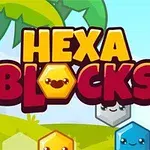Název Hexa Blocks ve žluté a červené barvě s hexagonálními postavičkami na světlém pozadí s palmami