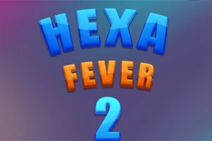 Nápis HEXA FEVER 2 v modré a oranžové barvě na fialovém pozadí