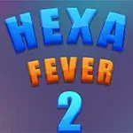 Nápis HEXA FEVER 2 v modré a oranžové barvě na fialovém pozadí
