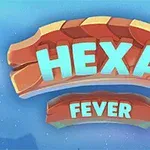 Nápis HEXA FEVER v modré barvě na oranžovém pozadí s modrou oblohou