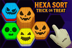 Hexa Sort Trick or Treat Barevné šestiúhelníky s vyřezávanými obličeji připomínajícími dýně a kostlivce vedle ukazující ruky na fialovém pozadí
