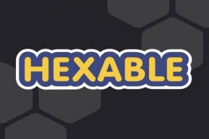 Nápis HEXABLE ve žluté barvě s tmavě modrým pozadím a šedými šestiúhelníky