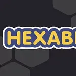 Nápis HEXABLE ve žluté barvě s tmavě modrým pozadím a šedými šestiúhelníky