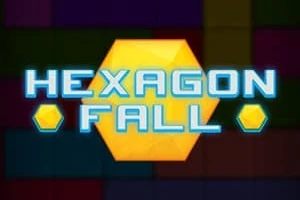Barevné pozadí s nápisem Hexagon Fall před žlutým šestiúhelníkem