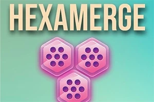 Nápis HEXAMERGE na modrozeleném pozadí s třemi růžovými šestiúhelníky obsahujícími tečky