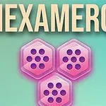 Nápis HEXAMERGE na modrozeleném pozadí s třemi růžovými šestiúhelníky obsahujícími tečky