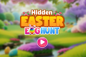 Barevná krajina se zelenými loukami, stromy a nápisem Hidden Easter Egg Hunt s růžovým tlačítkem uprostřed