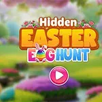 Barevná krajina se zelenými loukami, stromy a nápisem Hidden Easter Egg Hunt s růžovým tlačítkem uprostřed