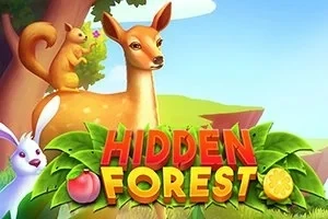 Jelen, veverka a králík stojící ve svěží lesní krajině s nápisem Hidden Forest v popředí