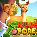 Jelen, veverka a králík stojící ve svěží lesní krajině s nápisem Hidden Forest v popředí