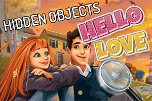 Mladý pár stojí v objetí před barevnými domy s nápisy Hidden Objects a Hello Love nad nimi