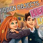 Mladý pár stojí v objetí před barevnými domy s nápisy Hidden Objects a Hello Love nad nimi