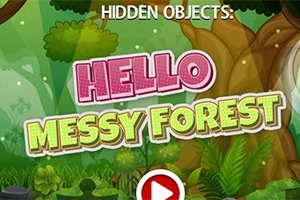 Barevný nápis Hello Messy Forest na pozadí lesního prostředí s tlačítkem pro spuštění
