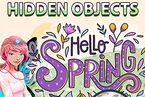 Barevný nápis Hello Spring s ilustrací květin a ženou s růžovými vlasy vlevo