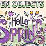 Barevný nápis Hello Spring s ilustrací květin a ženou s růžovými vlasy vlevo