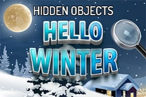 Noční zimní scéna s úplňkem, zasněženými stromy, domem a nápisem HELLO WINTER