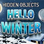 Noční zimní scéna s úplňkem, zasněženými stromy, domem a nápisem HELLO WINTER