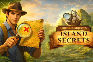 Dobrodruh s lupou a mapou stojí před tropickým ostrovem s dřevěnou cedulí Island Secrets