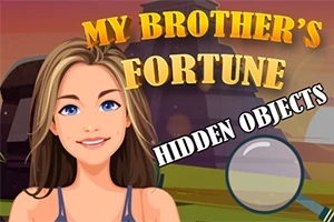 Mladá žena na pozadí krajiny se textem My Brothers Fortune a Hidden Objects