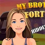 Mladá žena na pozadí krajiny se textem My Brothers Fortune a Hidden Objects