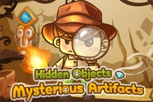 Kreslená postava v klobouku drží lupu, obklopena záhadnými artefakty a plamenem, s textem Hidden Objects Mysterious Artifacts