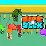 Barevné kreslené postavičky na hrací ploše spolu s nápisem Hide N Seek