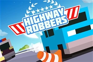 Nákladní auto a policejní automobil na dálnici s nápisem Highway Robbers a dopravním kuželem v popředí