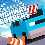 Nákladní auto a policejní automobil na dálnici s nápisem Highway Robbers a dopravním kuželem v popředí