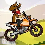 Muž v kovbojském klobouku a šátku na motorce skáče přes kopec v kreslené krajině