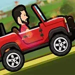Muž s vousy řídí červené auto na svahu v kresleném stylu
