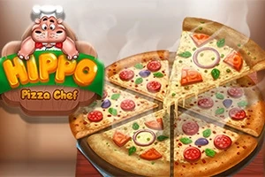 Velká pizza nakrájená na osm dílů s různými ingrediencemi a obrázkem hrošíka kuchaře vedle nápisu Hippo Pizza Chef