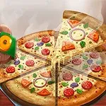 Velká pizza nakrájená na osm dílů s různými ingrediencemi a obrázkem hrošíka kuchaře vedle nápisu Hippo Pizza Chef