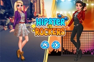 Dvě stylově odlišně oblečené postavy, jedna jako hipster a druhá jako rocker, s nápisem Hipster vs Rockers uprostřed a tlačítky pro spuštění