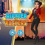Dvě stylově odlišně oblečené postavy, jedna jako hipster a druhá jako rocker, s nápisem Hipster vs Rockers uprostřed a tlačítky pro spuštění