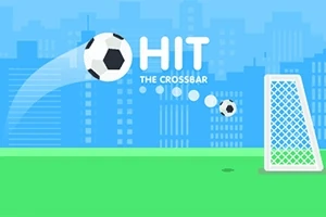 Fotbalový míč letící směrem k brance s nápisem Hit the Crossbar na pozadí městských budov