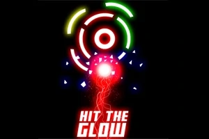 Barevné neonové kruhy s červeným světelným efektem uprostřed a textem Hit the Glow na černém pozadí