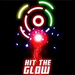 Barevné neonové kruhy s červeným světelným efektem uprostřed a textem Hit the Glow na černém pozadí