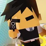 Postava s hranatou hlavou a tmavými vlasy držící zbraň na pozadí městských budov
