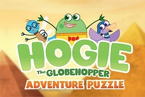 Zelená postavička s brýlemi a motýlkem mezi dvěma kreslenými kamarády na pestrobarevném pozadí s nápisem Hogie The Globehopper Adventure Puzzle