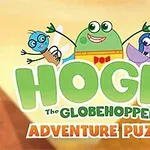 Zelená postavička s brýlemi a motýlkem mezi dvěma kreslenými kamarády na pestrobarevném pozadí s nápisem Hogie The Globehopper Adventure Puzzle