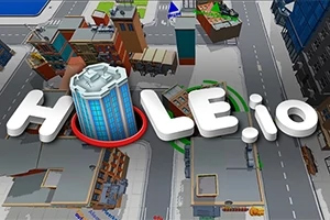 Hole.io Pohled na stylizované město z ptačí perspektivy s velkým nápisem HOLE