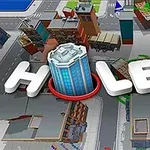 Hole.io Pohled na stylizované město z ptačí perspektivy s velkým nápisem HOLE
