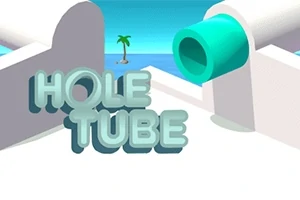 Název Hole Tube před barevnou scénou s potrubím a palmou na horizontu u moře