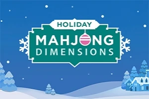 Nápis Holiday Mahjong Dimensions na zimním pozadí s padajícím sněhem a zasněženými stromy a domky