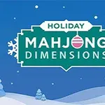 Nápis Holiday Mahjong Dimensions na zimním pozadí s padajícím sněhem a zasněženými stromy a domky